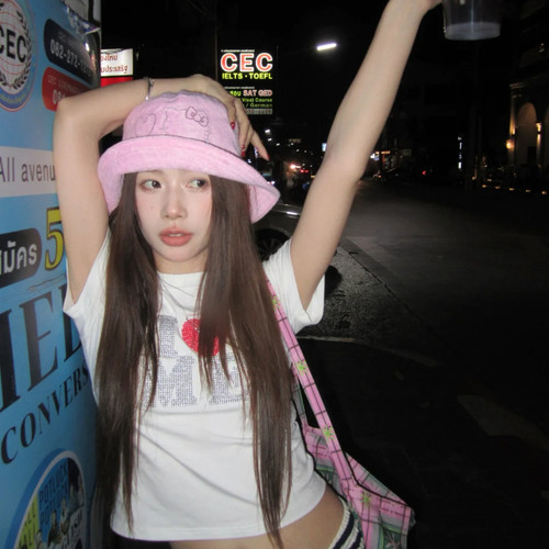 甜酷少女~kitty猫烫钻渔夫帽女卡通可爱显脸小盆帽大檐防晒遮阳帽