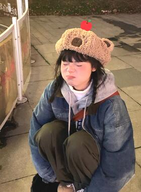 瑞同学卡皮巴拉小熊脑袋立体耳朵贝雷帽女可爱秋冬毛绒保暖画家帽
