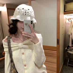 针织毛线渔夫帽 温柔系甜糯糯减龄蝴蝶结手工钩针花朵帽女秋冬新款
