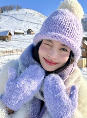 韩系多巴胺糖果色毛球针织帽女冬季甜美小清新卷边保暖百搭包头帽