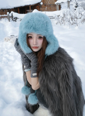 冬日雪地氛围感加厚仿貂毛绒雷锋帽女冬季旅游滑雪防风保暖护耳帽