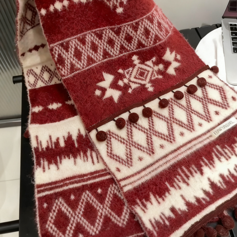 日系学院风~复古费尔岛提花毛球针织围巾女冬季加厚保暖流苏围脖