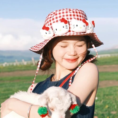 少女心爆棚!Hello Kitty红格渔夫帽大檐防晒帽轻松拿捏甜妹氛围感
