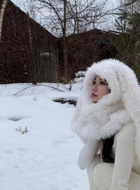 邦尼兔毛绒绒白色兔子耳朵帽子女秋冬季可爱保暖加绒帽子围巾一体