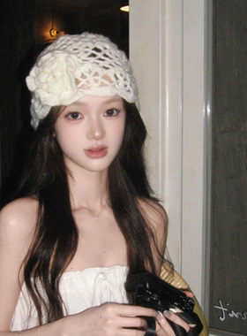 阳光下的一朵花~韩国定制镂空花朵包头帽子女手工钩花针套头冷帽