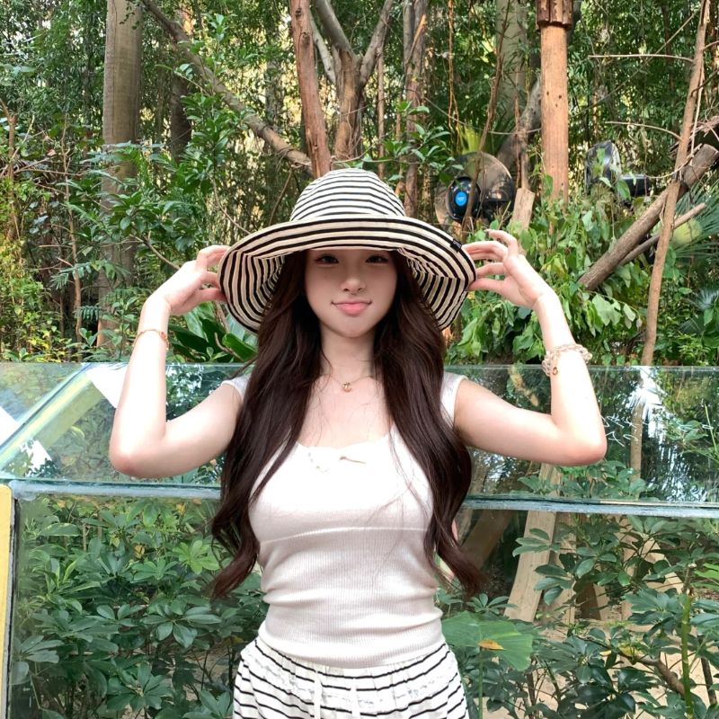 版型超好！韩版黑白条纹翻边渔夫帽遮阳帽女夏季防晒显脸小百搭盆
