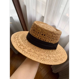 平顶防晒帽海边度假编织镂空礼帽大码 大头围草帽女2025新款 法式
