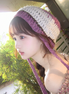 春日紫色格桑花~韩国手工钩织绑带套头帽女温柔紫条纹针织包头帽