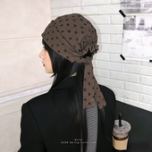 张子枫同款 女褶皱松紧系带包头头巾y2k 复古咖色波点头巾帽春夏季