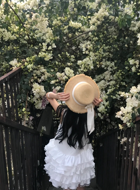 藏着的春和景明花墙拍照神器法式复古蝴蝶结毛边草帽女夏旅游遮阳
