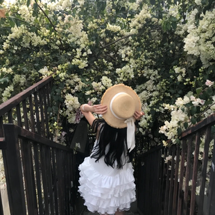 藏着的春和景明花墙拍照神器法式复古蝴蝶结毛边草帽女夏旅游遮阳
