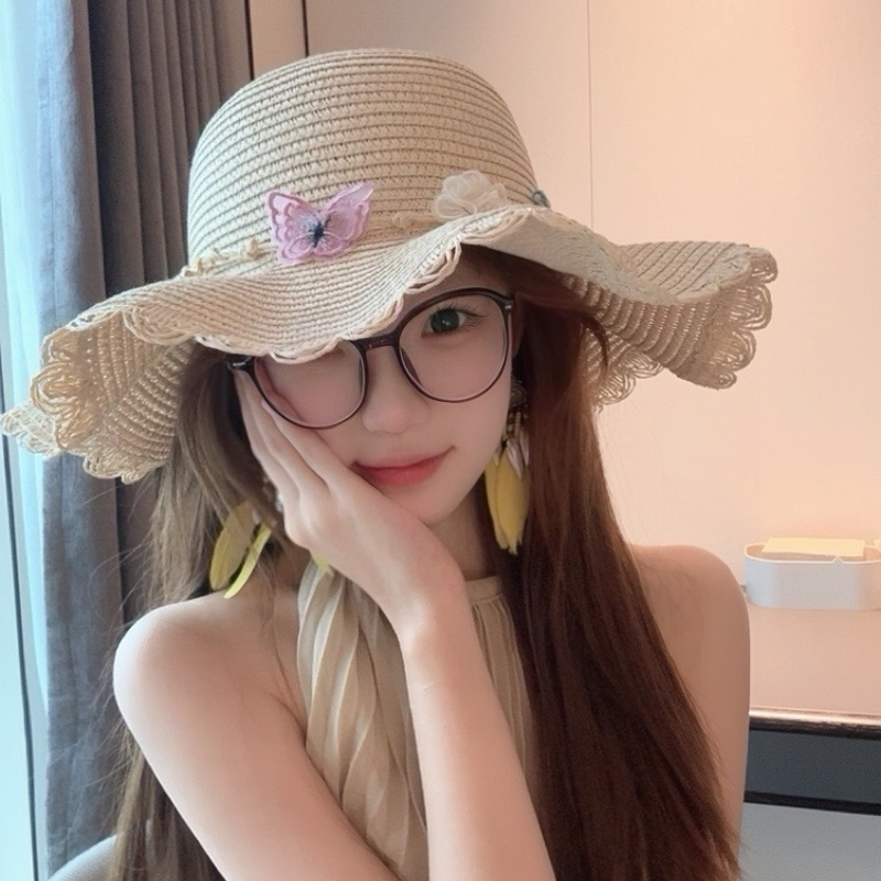 小蝴蝶丝带波浪边大帽檐草帽女春夏防晒遮阳帽海边度假沙滩渔夫帽
