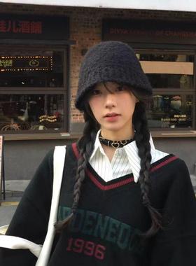 韩国黑色素颜泰迪绒针织渔夫帽子女冬季保暖显脸小简约毛线水桶帽