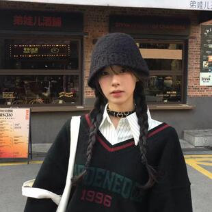 保暖显脸小简约毛线水桶帽 韩国黑色素颜泰迪绒针织渔夫帽子女冬季