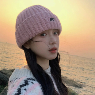 蜜桃粉~韩版破洞北极熊粗毛线针织帽女秋冬大头围百搭保暖套头帽