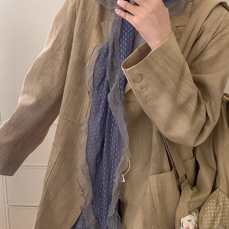 不用等！藤井树同款古早灰蓝色波点木耳边长款女围脖围巾蕾丝丝巾