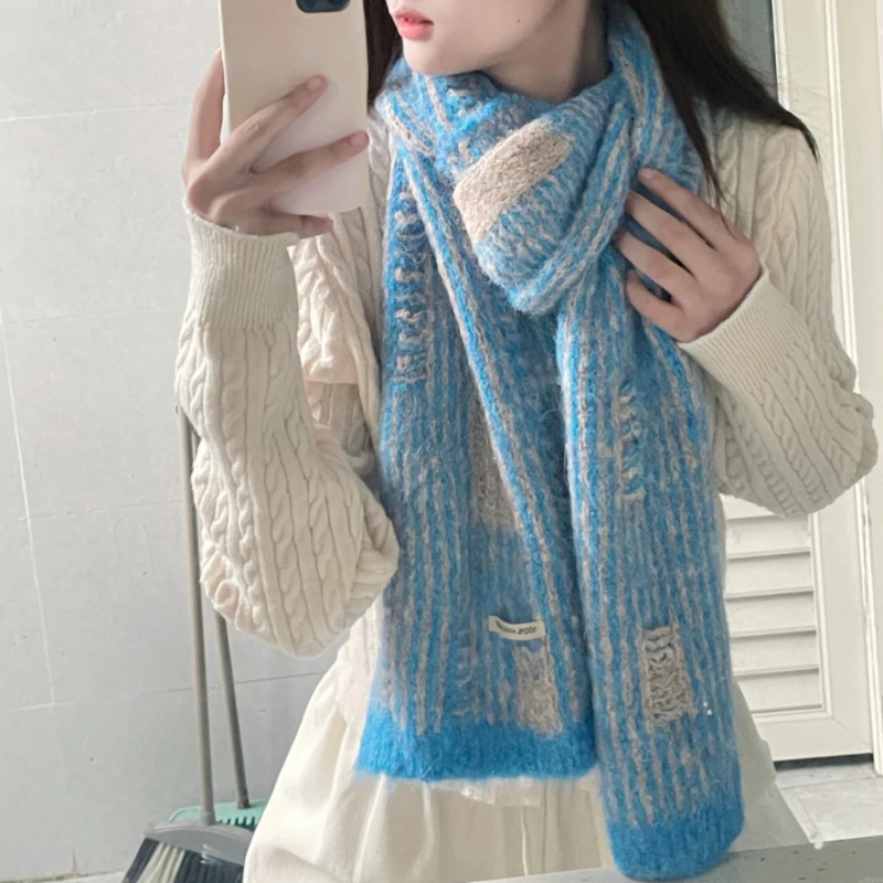 蓝纹奶酪！韩系慵懒破洞针织毛线围巾女冬季保暖防寒显白护颈围脖