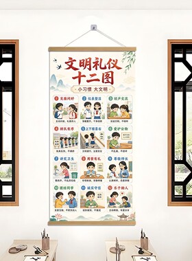文明礼仪十二图挂画校园家庭公共场所学生行为规范教育墙面宣传画