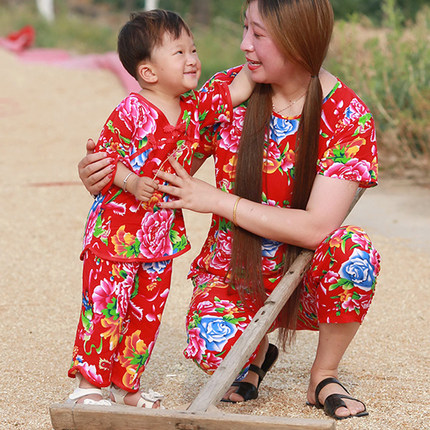 东北大花分体衣服婴儿夏款宝宝薄款马甲套装男童东北风童装家居服