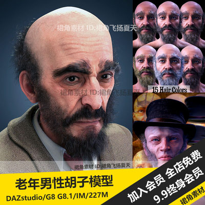 DAZ3D Studio 维多利亚式老年胡子头发眉毛模型帽子 游戏3d素材