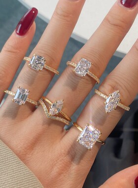 S925纯银白色马眼石单钻戒指圆锆微镶V型戒指简约对戒套戒