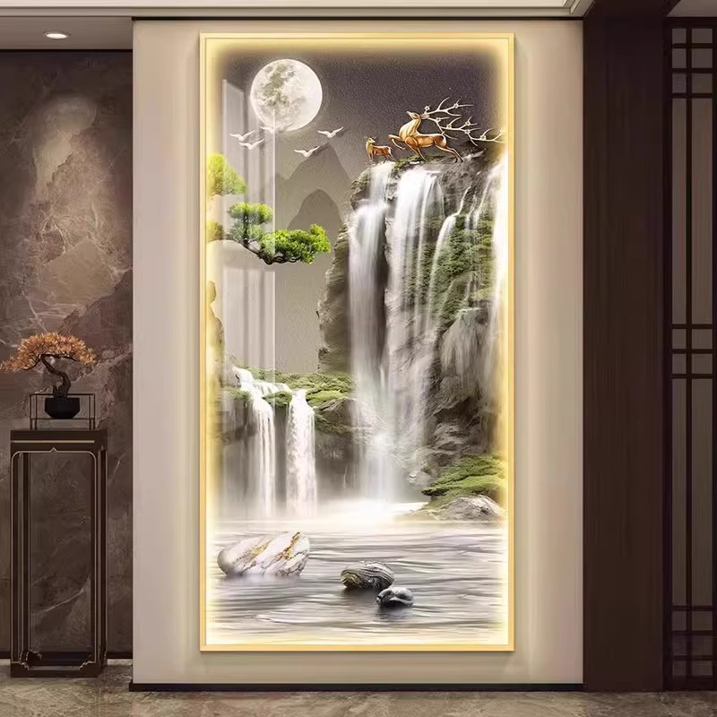 流水生财入户玄关装饰画正对门迎客松高级感带灯走廊过道挂画led