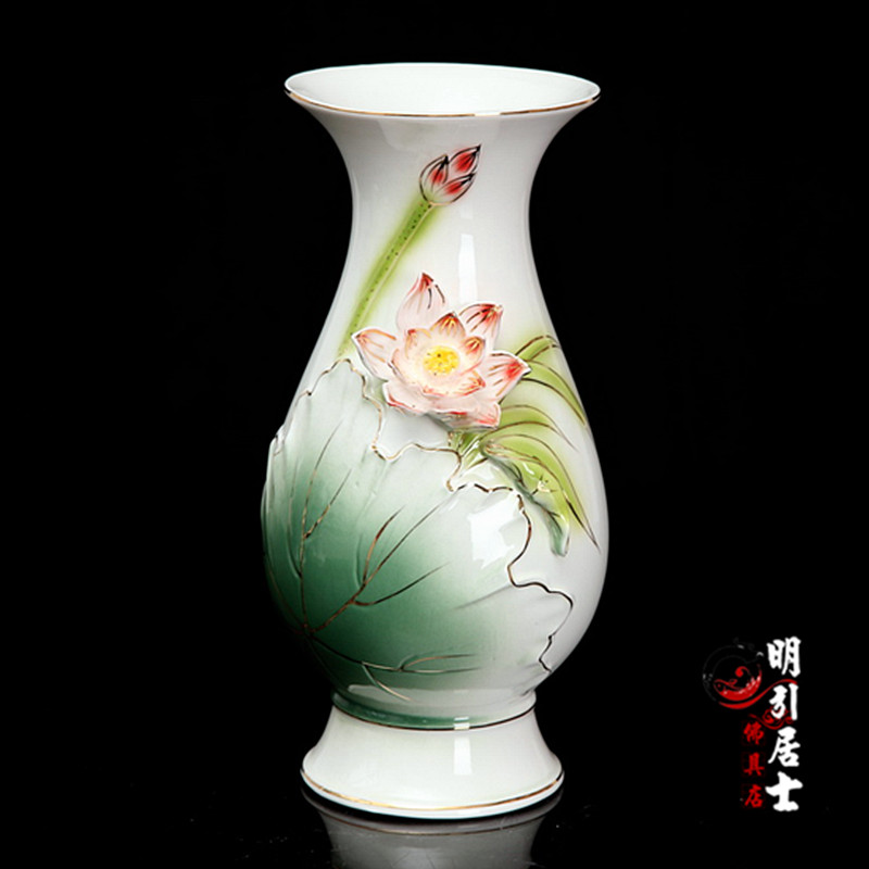 明引佛堂用品陶瓷莲花供佛花瓶青色绿色描金供瓶净瓶插花瓶摆件