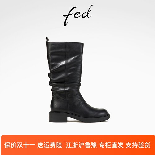 fed褶皱时装靴春季新款女靴黑色堆堆靴真皮中筒靴女款D1114-ZF267