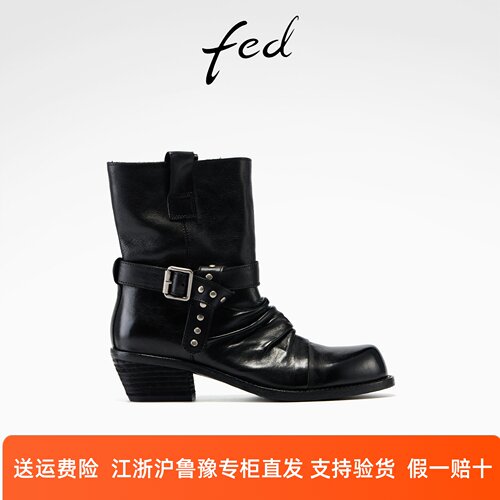fed粗跟短靴冬季新款女靴皮带扣时装靴黑色西部靴女款S1028-YA076