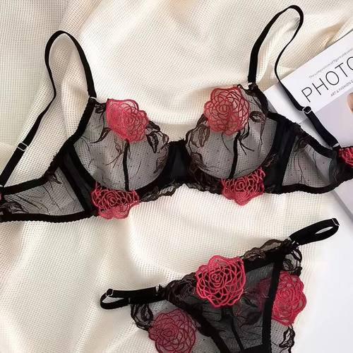 高级感性感刺绣内衣女超薄网纱聚拢大胸显小上托无海绵文胸罩套装
