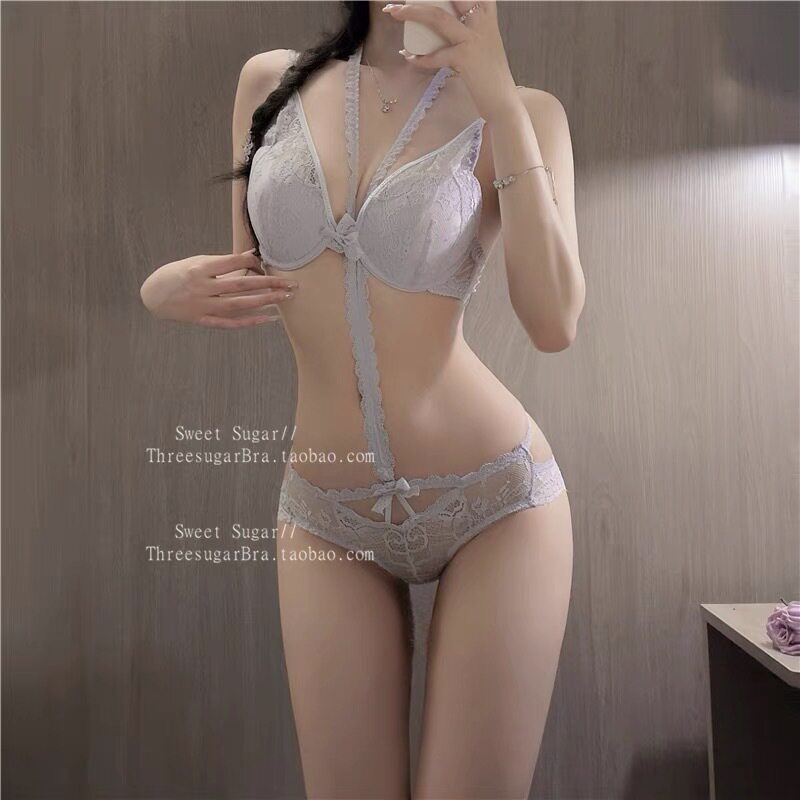 秋冬性感紫色挂脖可拆卸文胸套装心机内搭内衣女蕾丝聚拢钢托