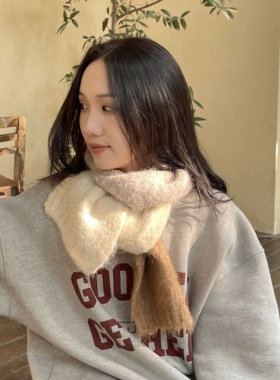 三色米卡驼拼接针织毛线围巾