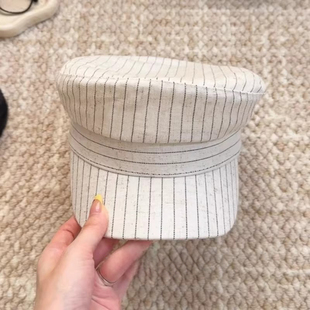 特猫柔航海系高端时尚棉麻黑白条纹平顶八角帽女春夏海军帽八角帽