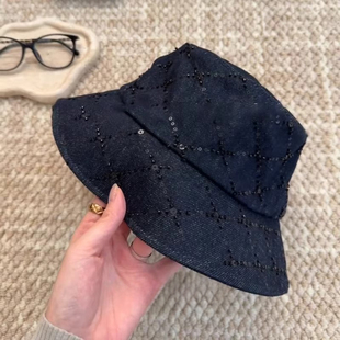 特猫柔很有质感!正版型亮片深色牛仔藏蓝色渔夫帽女新款遮阳盆帽