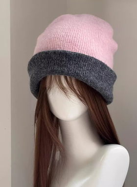 特猫柔 可正反戴低饱和粉色冬季冷帽AB面毛线帽大头围针织帽