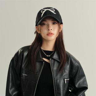 特猫柔 韩版蝴蝶结棒球帽子牛仔蓝遮阳鸭舌帽软顶宽檐显脸小