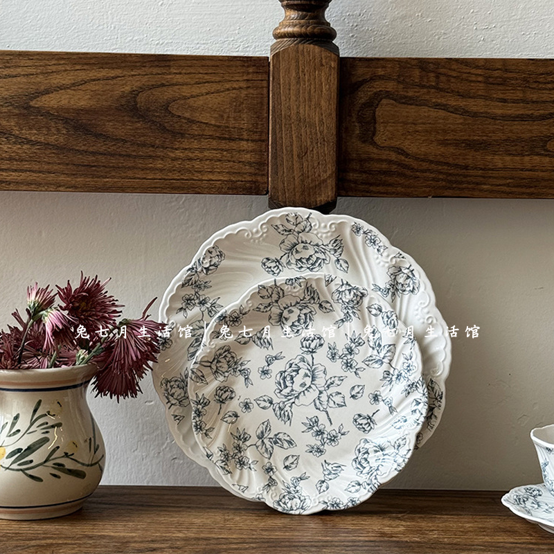 陶瓷复古玫瑰花盘平盘甜品盘