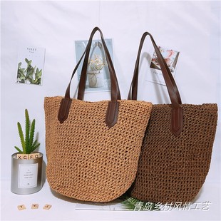 编织包单肩包女包沙滩包欧美风草编包夏季 度假大包乡村风情 新款