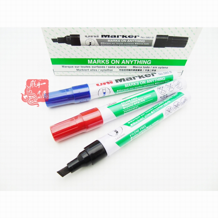 uni/三菱铅笔580B油性MARKER箱头笔防水擦不掉色记号笔有黑蓝红色