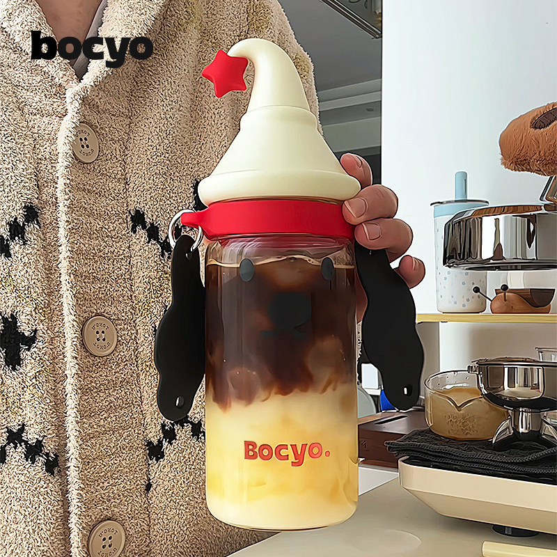 bocyo水杯玻璃杯女夏日可爱咖啡泡茶杯新款儿童上学专用吸管杯子