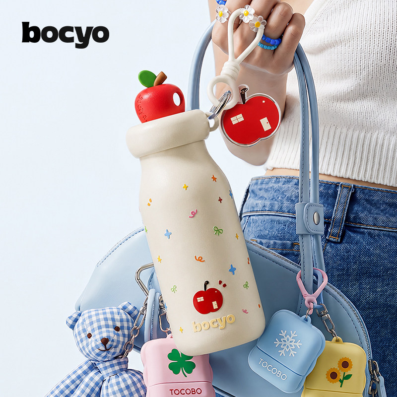 bocyo女生苹果保温杯不锈钢吸管图片