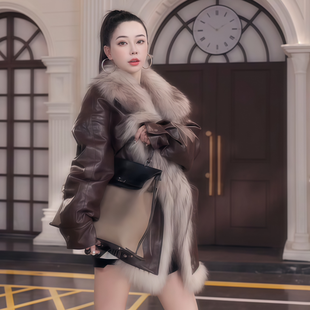 中长款咖啡色皮毛一体棉衣外套女