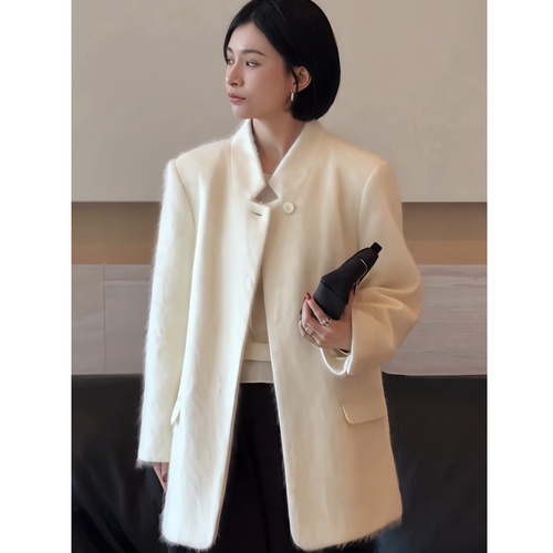 中长款白色立领一粒扣毛呢外套女