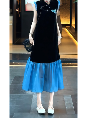 盘扣长款金丝绒蓝黑拼接连衣裙女