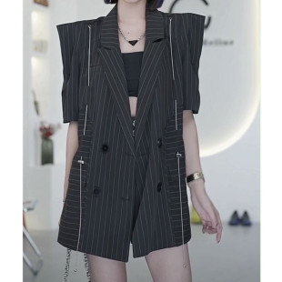 2026春新款欧洲站小众短袖条纹小西装外套+百搭阔腿短裤子套装女