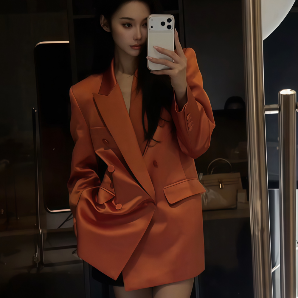 中长款桔红色正肩直筒西装外套女