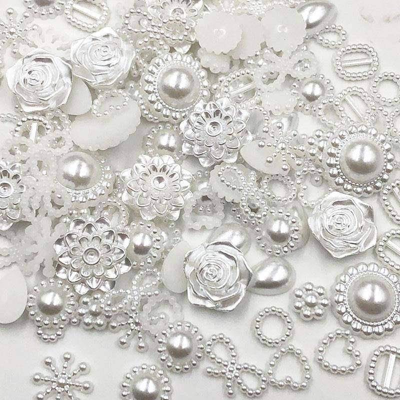 100pcs white ABS Resin Half Round flower Bow Alien Pearls Fo