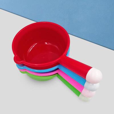 Colorful long-handled water scoop with a pointed spout, suit