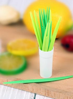 Fresh Bamboo Leaf Shaped Double Prong Fruit Forks with Stand