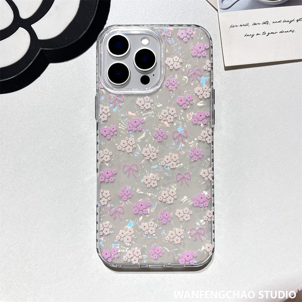 碎花蝴蝶结苹果16手机壳贝壳纹适用于iphone15甜美14防摔13文艺13
